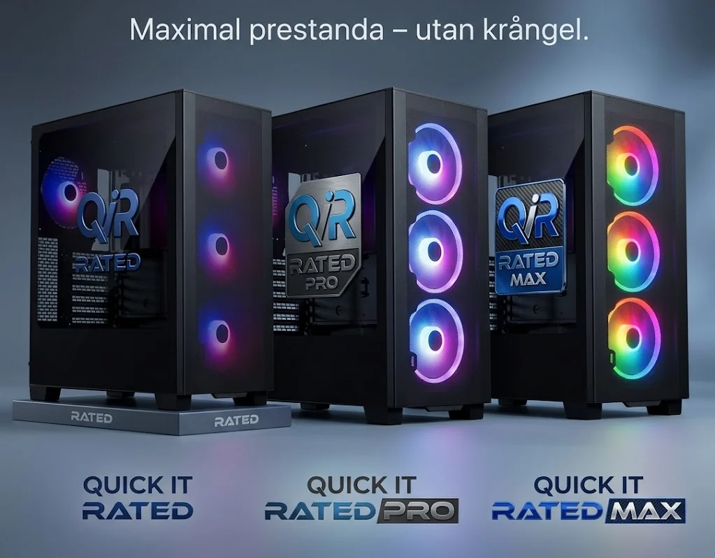 Gamingdatorerna Quick IT Rated, Quick IT Rated Pro och Quick IT Rated Max i svarta datorchassin med upplysta fläktar